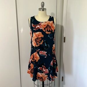 Short sleeveless dress - navy with pink/peach/blue floral design, lined